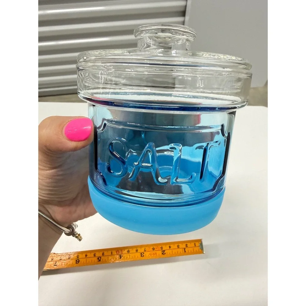 Blue Glass Salt Cellar Jar with Clear Lid and Silicone Base